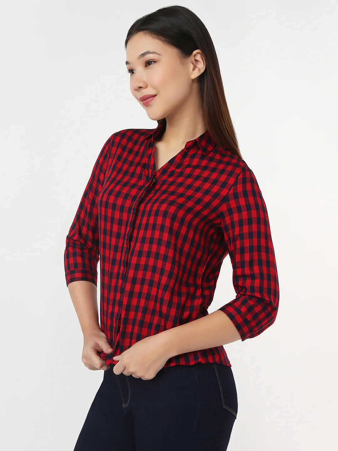 Women Red & Navy Slim Checks Shirt - Image 4