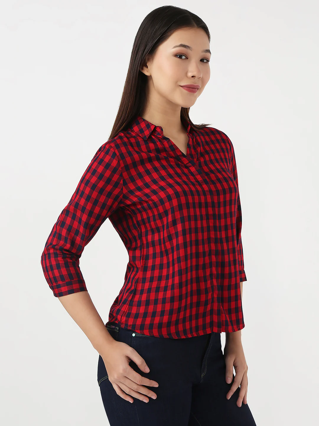 Women Red & Navy Slim Checks Shirt - Image 5