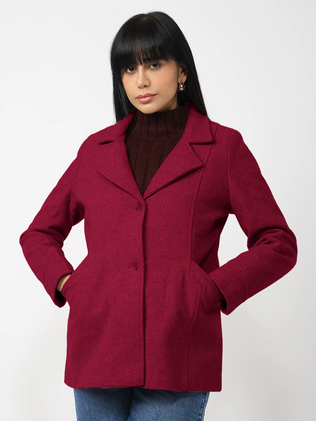 Women Red Slim Fit Coat - Image 2