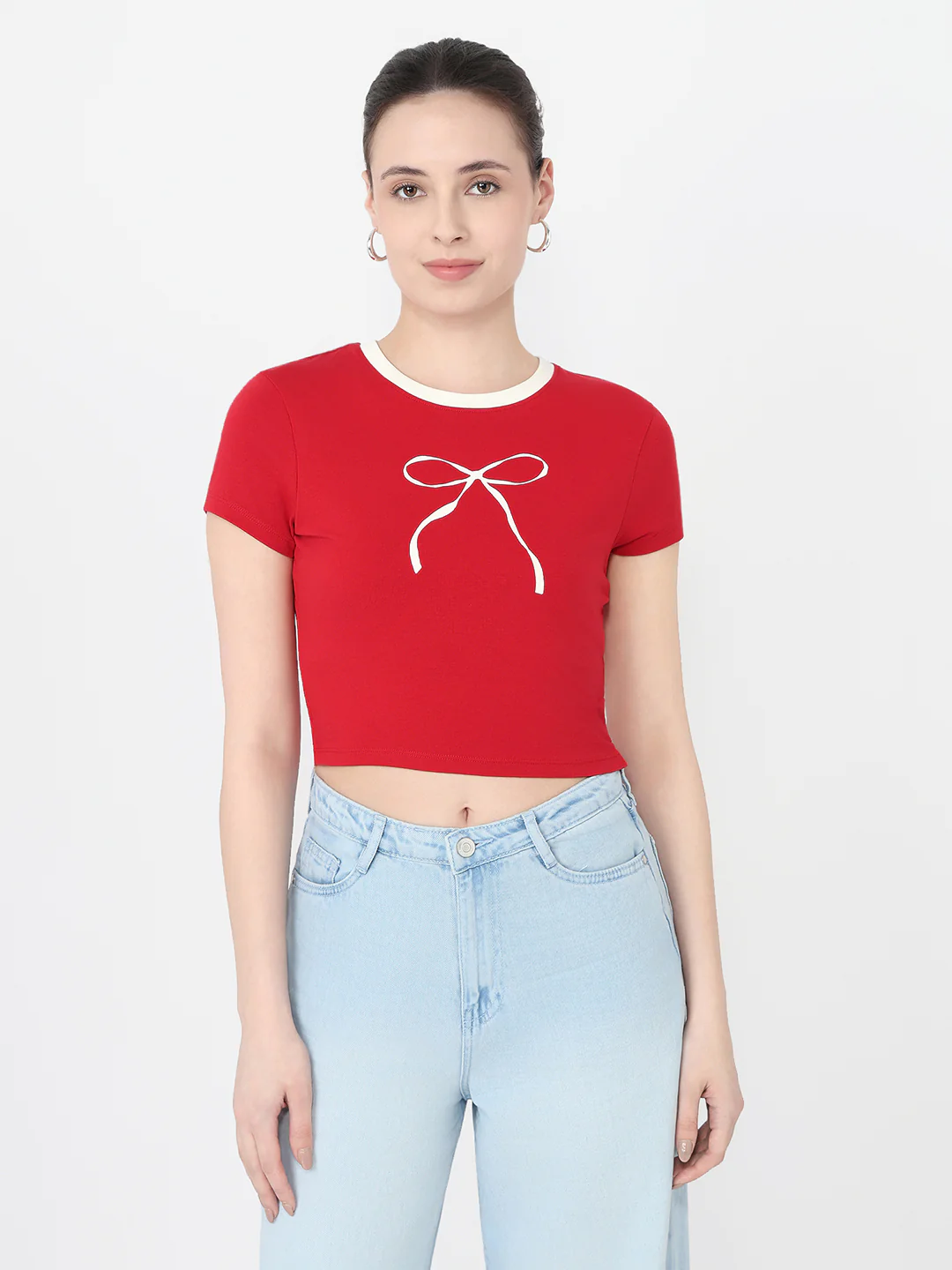Women Red Slim Fit Genz T-Shirt - Image 2