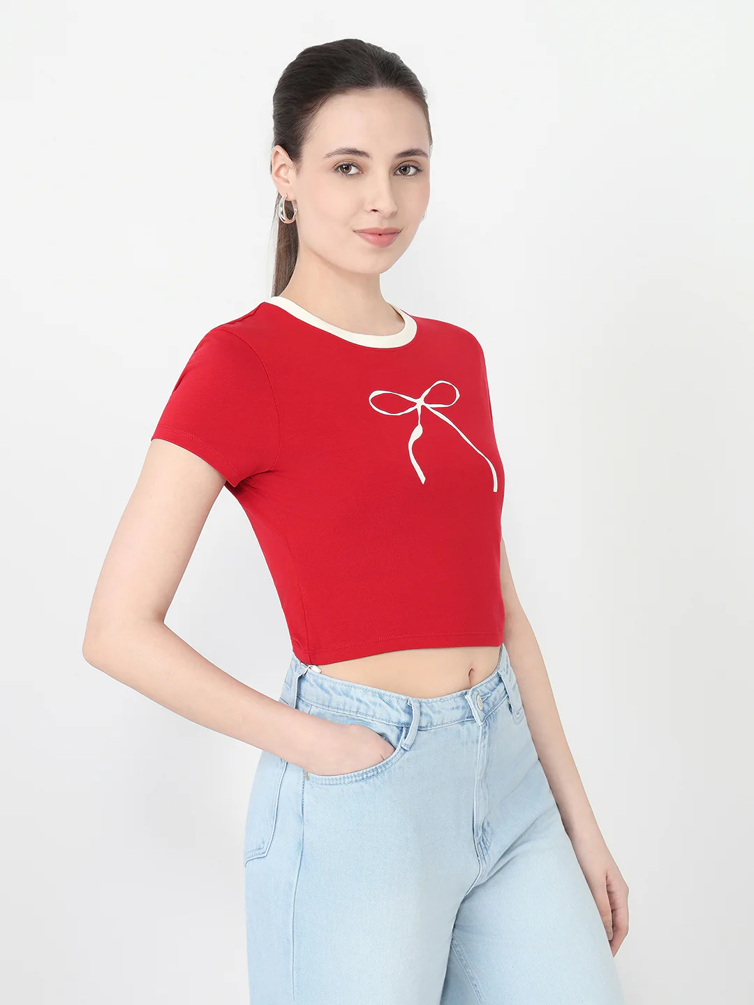 Women Red Slim Fit Genz T-Shirt - Image 5