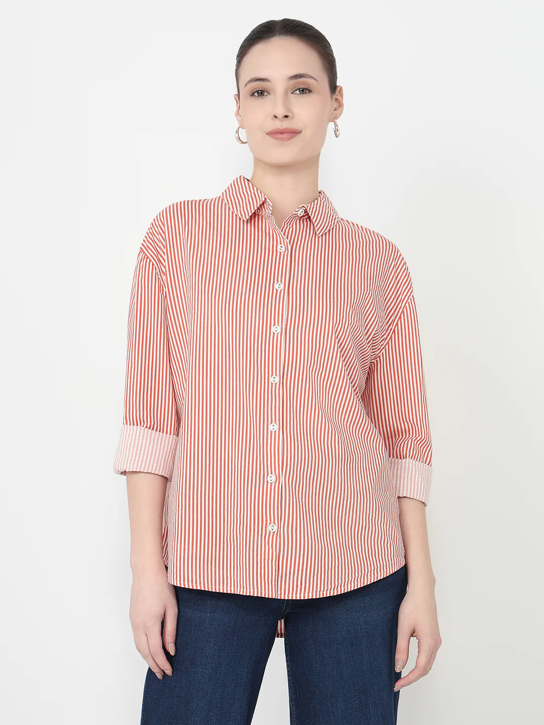 Women Red/White Oversized Shirt - Image 2