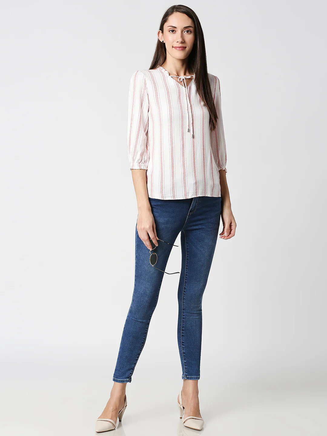 Women Red & White Slim Top - Image 2