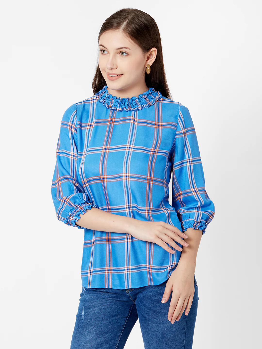 Women Royal Blue Checks Top - Image 2