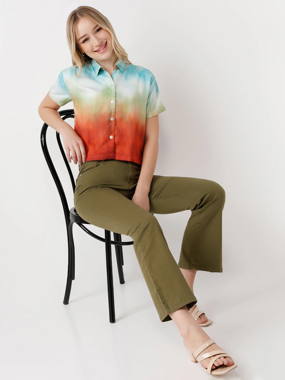 Women Rust/Aqua Slim Fit Crop Shirt