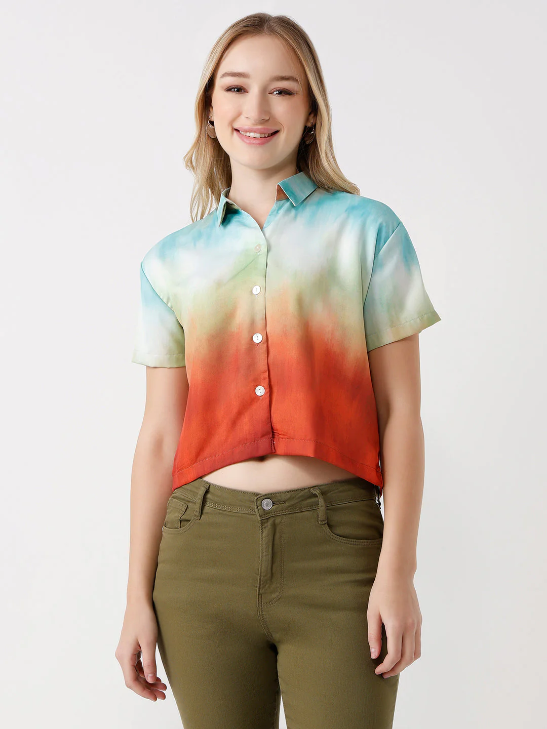 Women Rust/Aqua Slim Fit Crop Shirt - Image 2