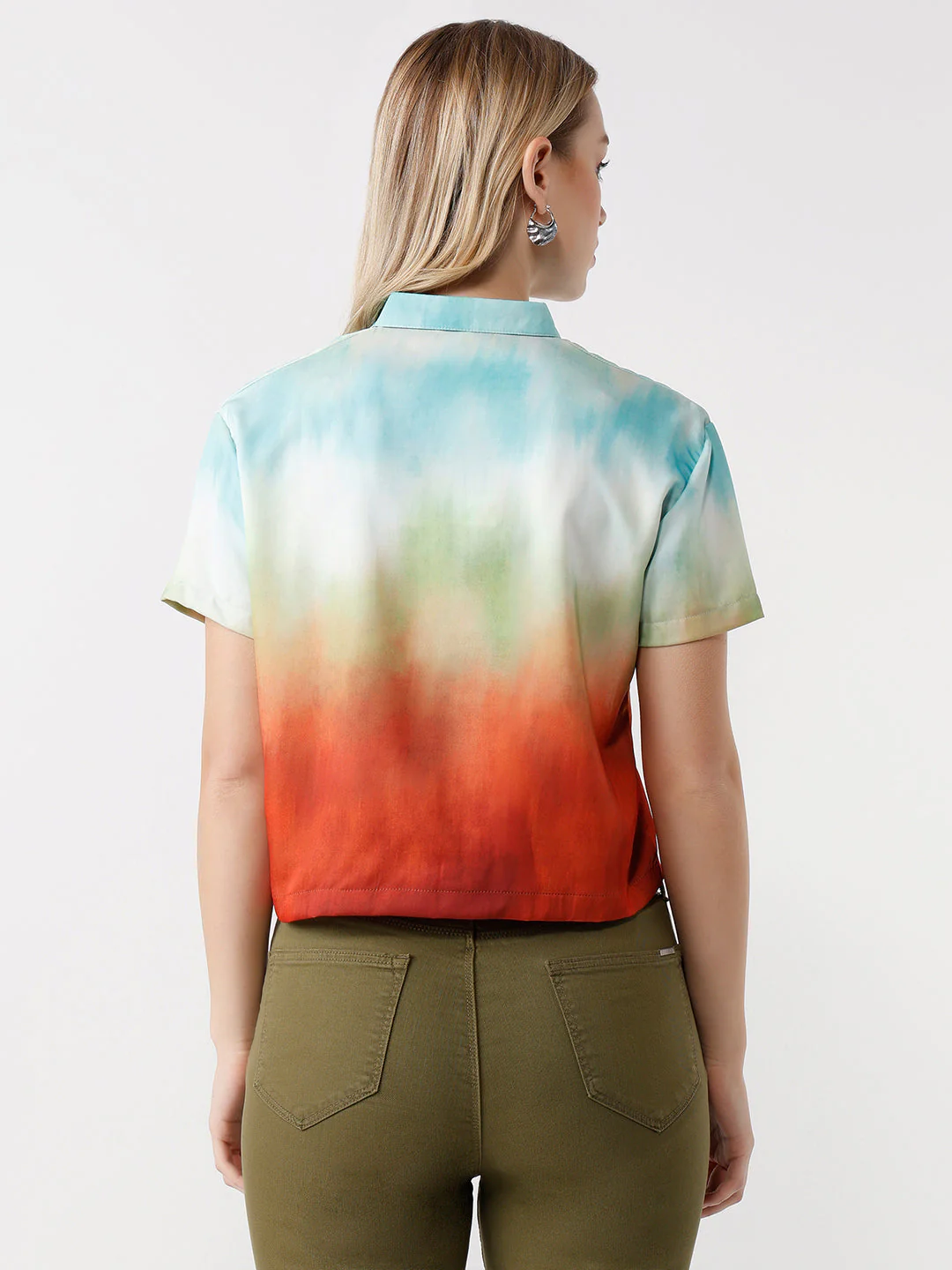 Women Rust/Aqua Slim Fit Crop Shirt - Image 3