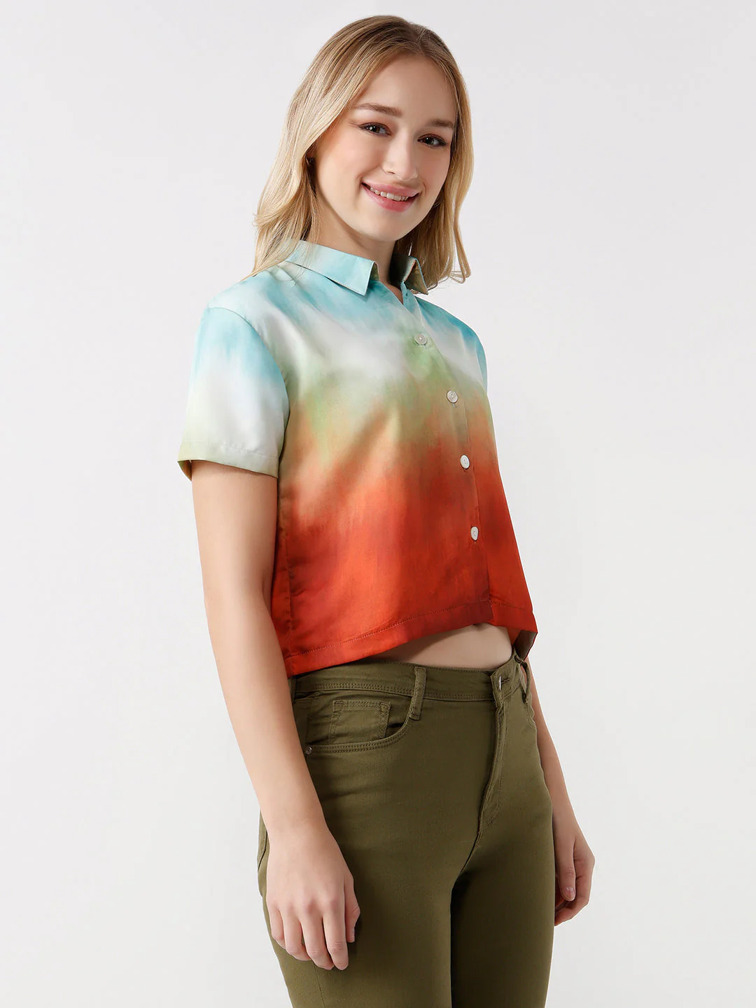 Women Rust/Aqua Slim Fit Crop Shirt - Image 4