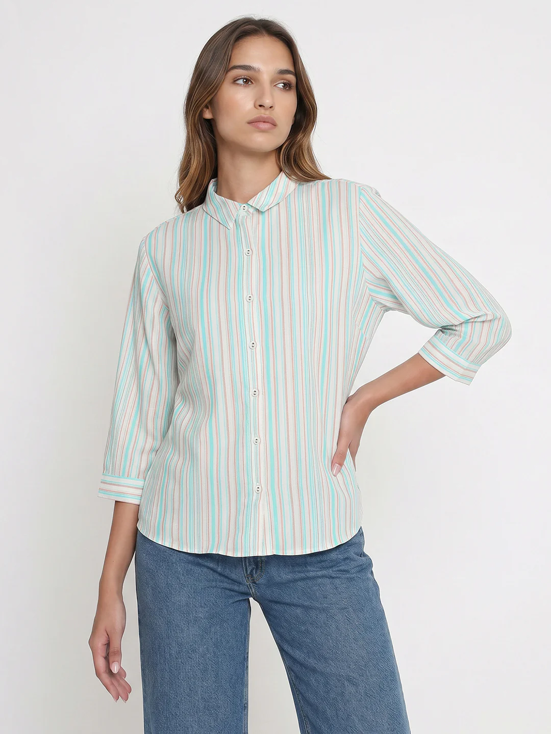 Women Rust/Aqua Stripe Shirt - Image 2