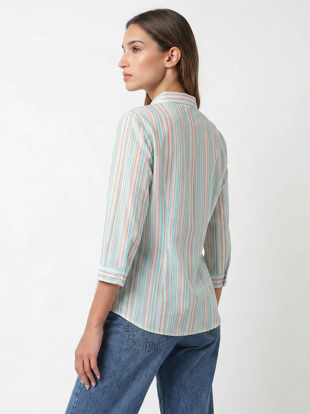 Women Rust/Aqua Stripe Shirt - Image 3