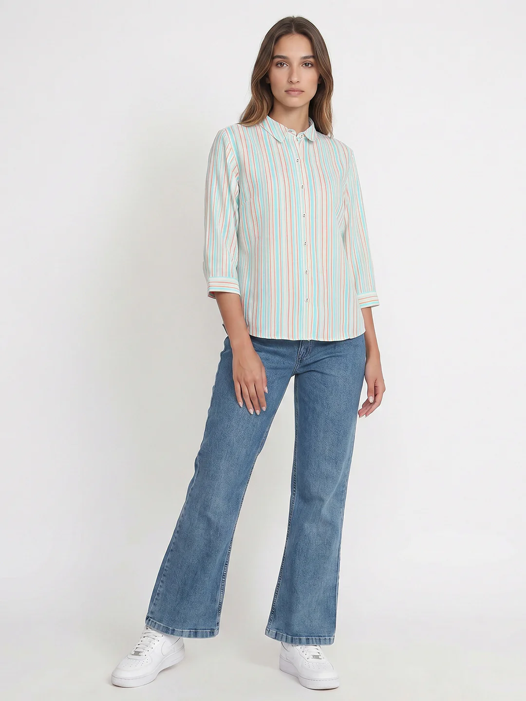 Women Rust/Aqua Stripe Shirt - Image 4