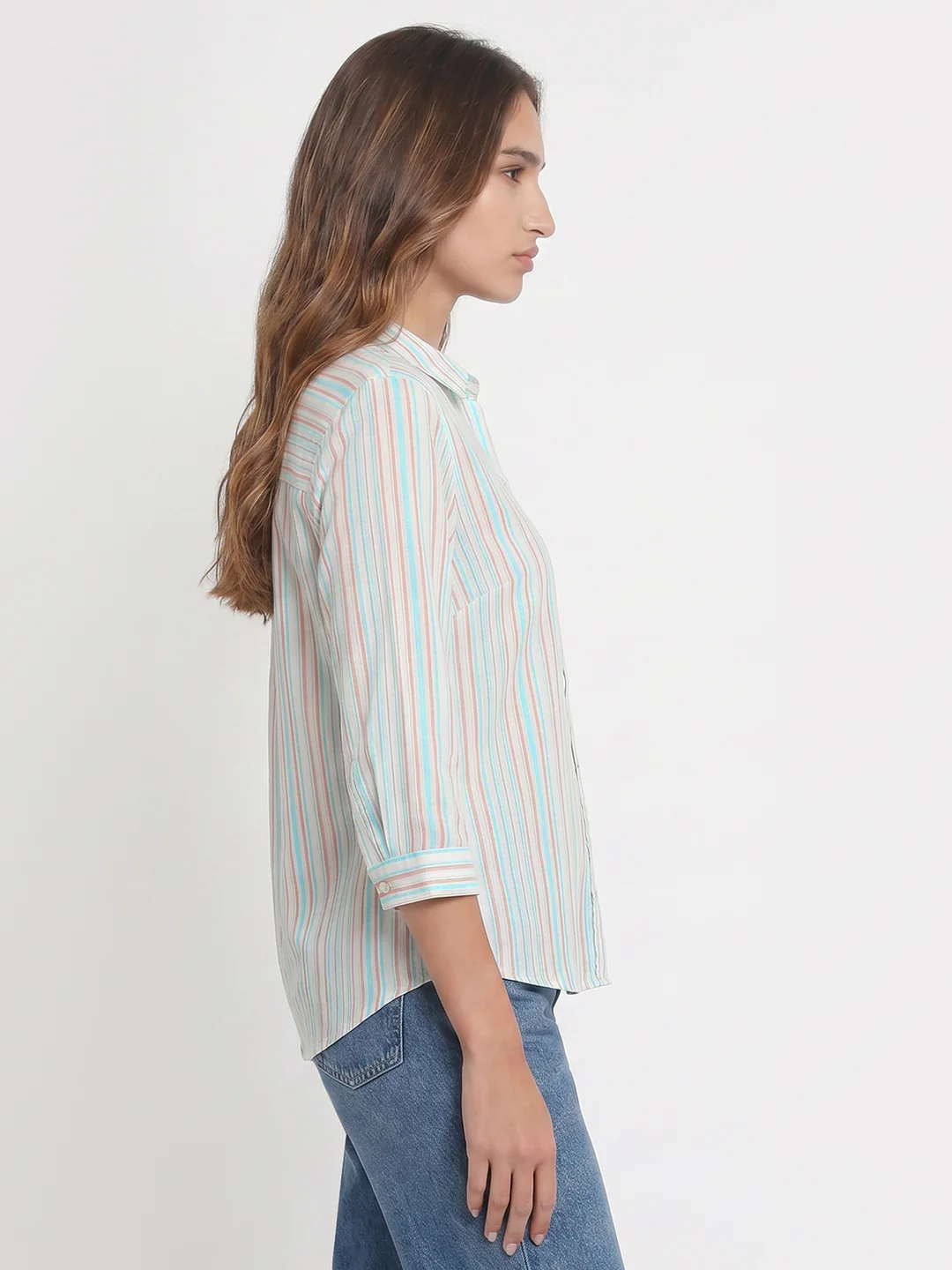 Women Rust/Aqua Stripe Shirt - Image 5