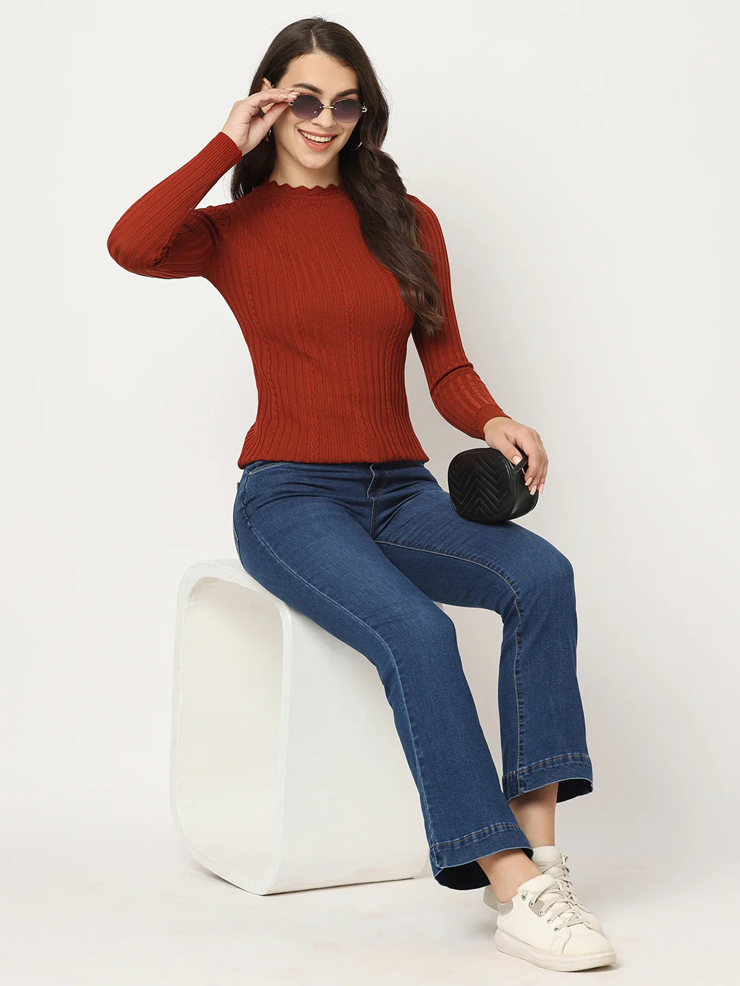 Women Rust Slim Fit Sweater