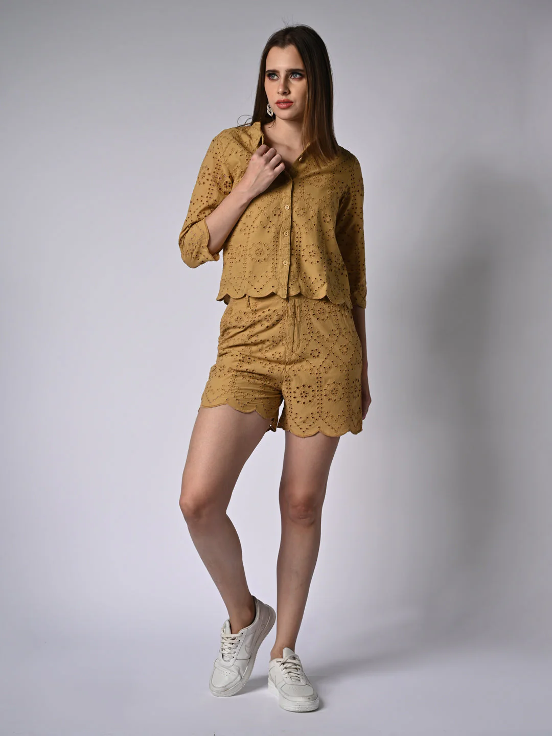 Women Self Design Mustard Shirt - Image 2