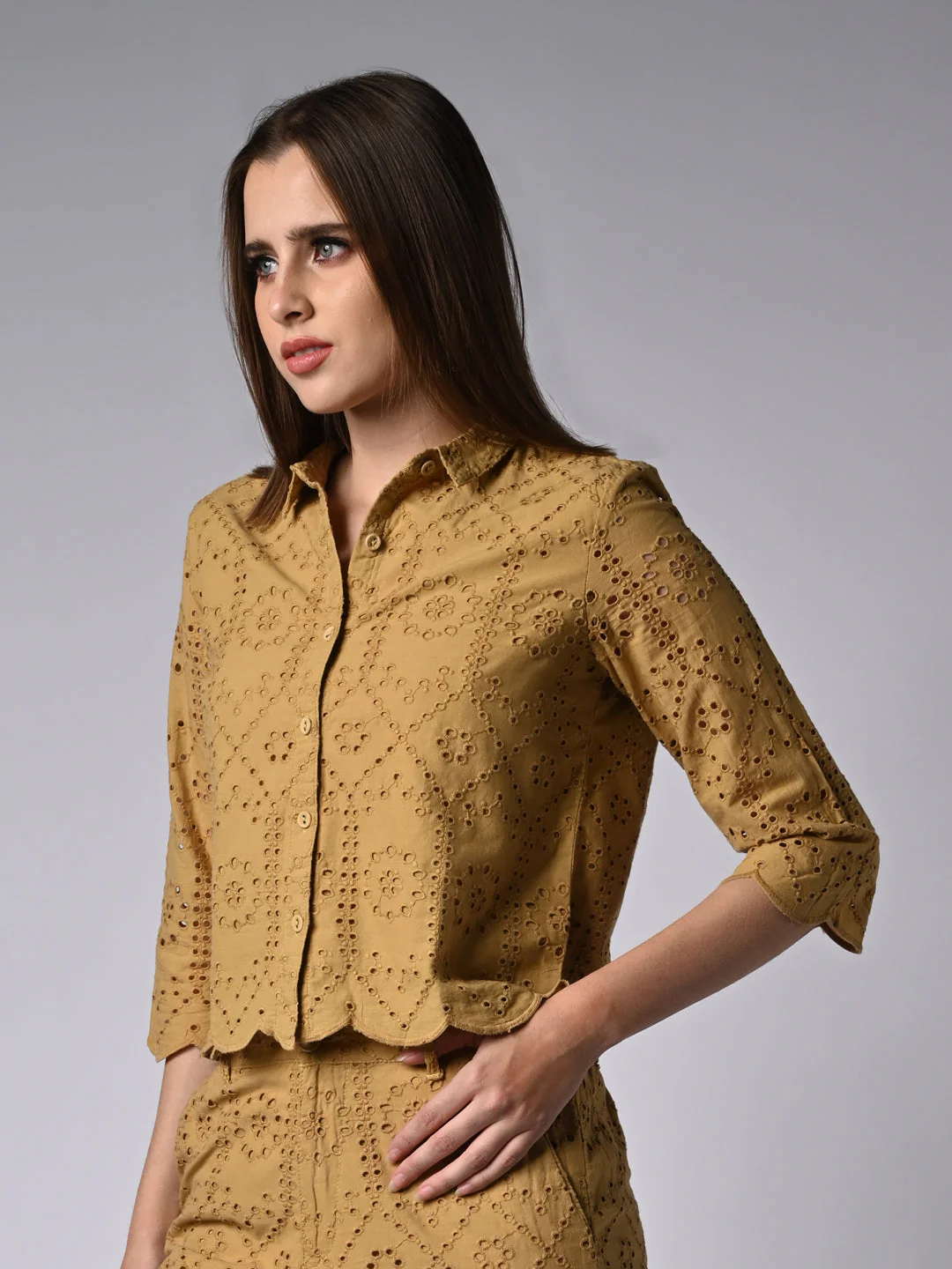Women Self Design Mustard Shirt - Image 4