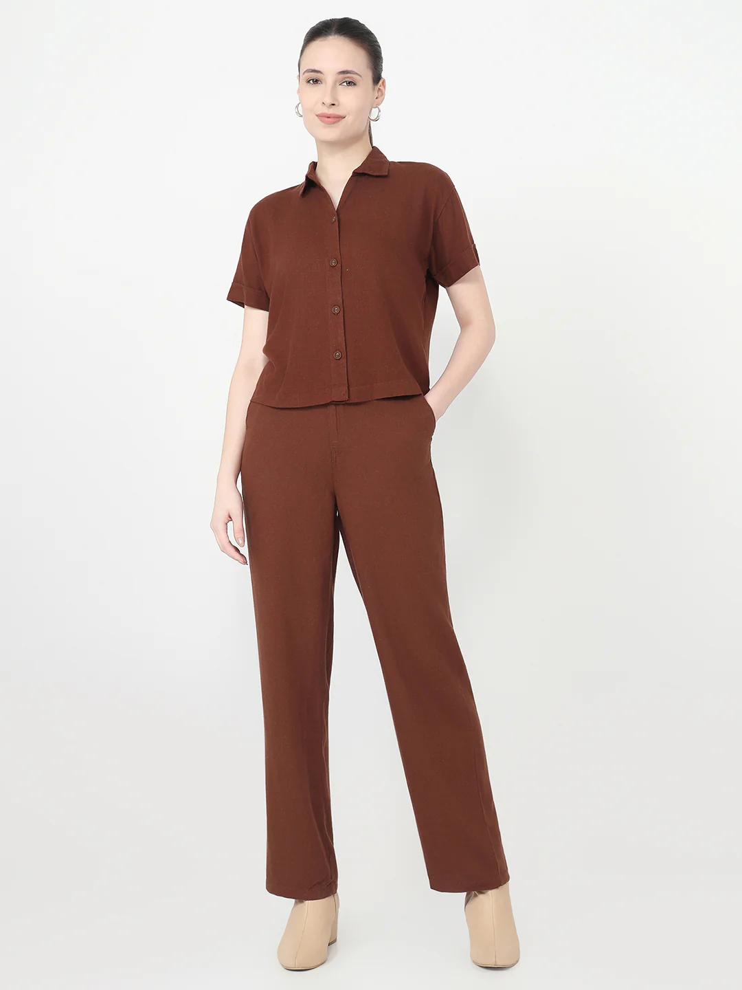 Women Sepia High-Rise Straight Fit Korean Pants - Image 4