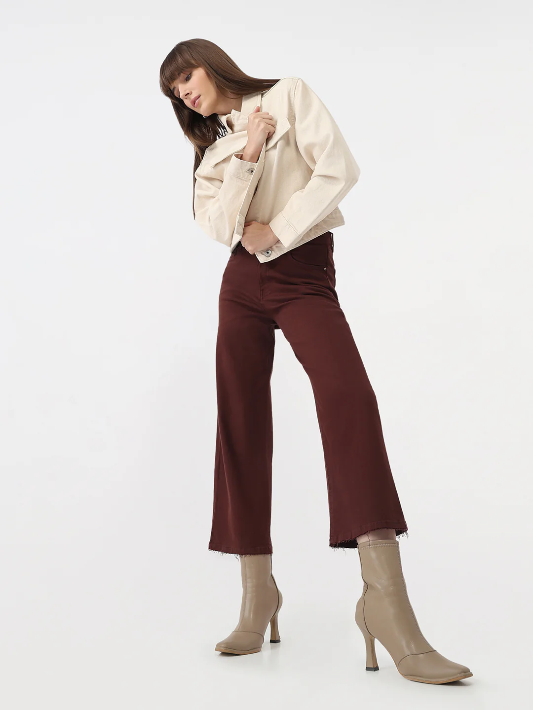 Women Sepia High-Rise Crop Wide Leg Jeans