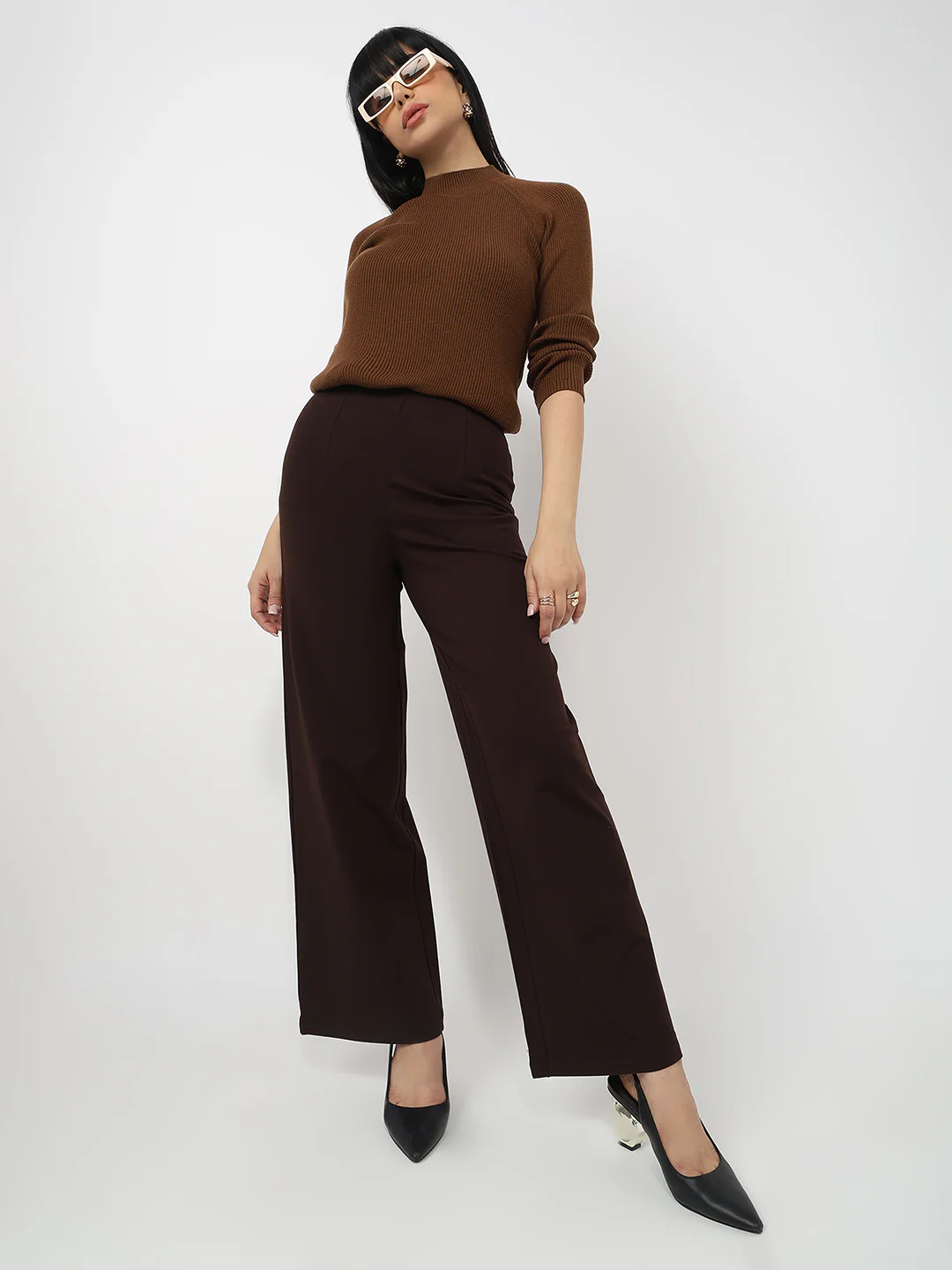 Women Sepia Mid-Rise Wide Leg Treggings