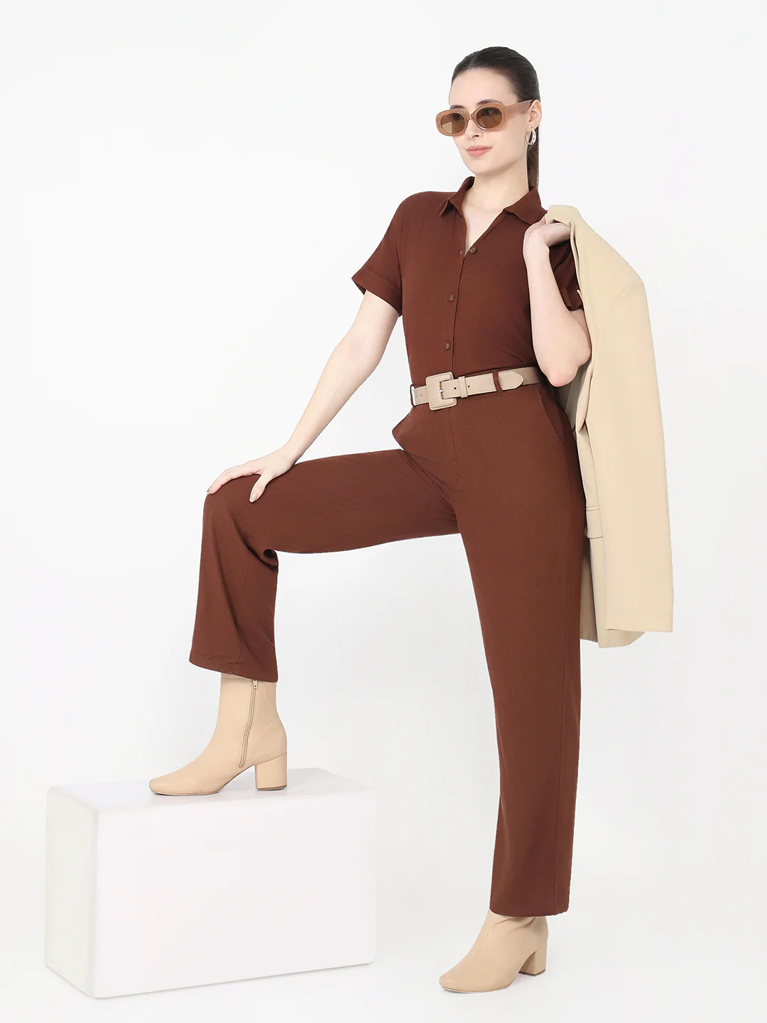 Women Sepia Slim Fit Crop Shirt