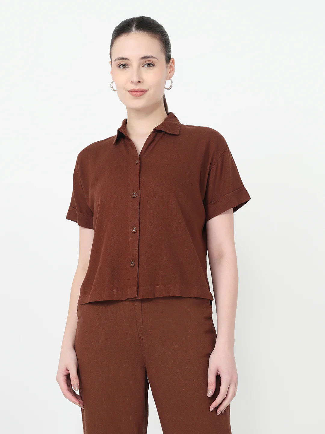 Women Sepia Slim Fit Crop Shirt - Image 2