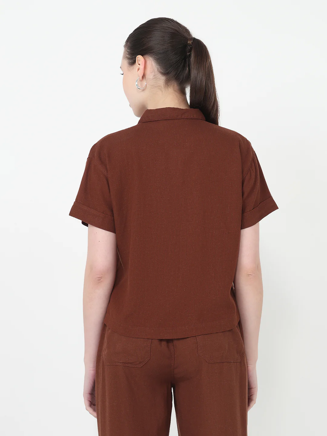 Women Sepia Slim Fit Crop Shirt - Image 3