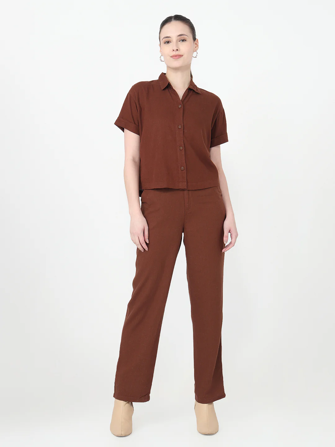 Women Sepia Slim Fit Crop Shirt - Image 4