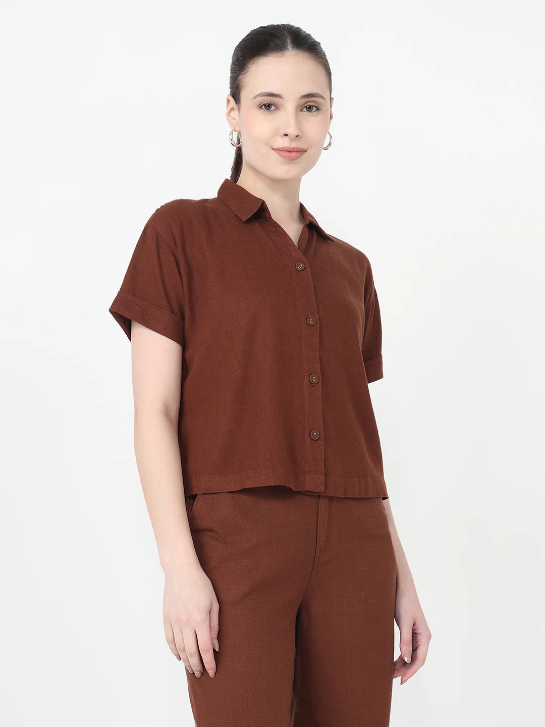 Women Sepia Slim Fit Crop Shirt - Image 5