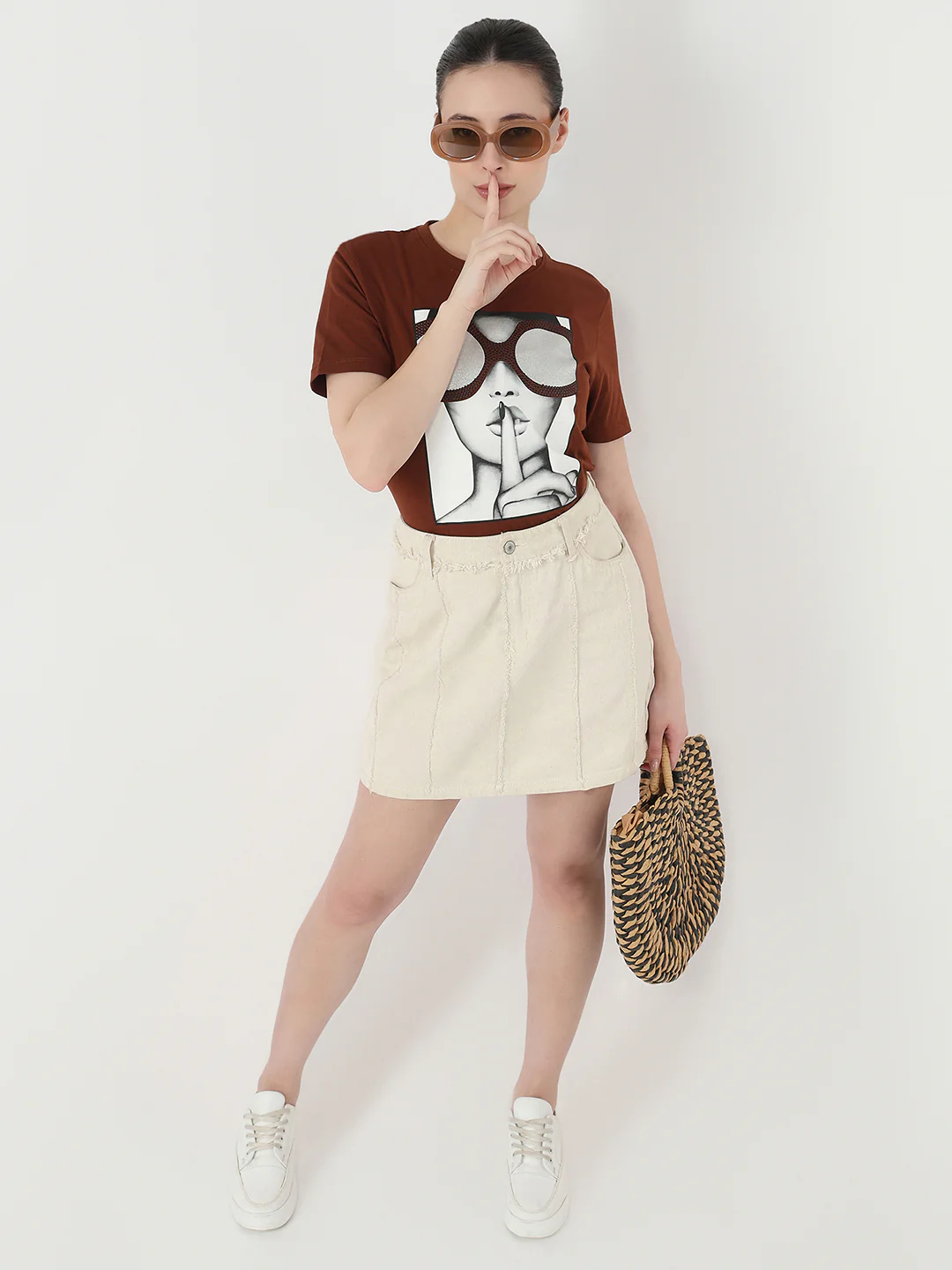 Women Sepia Slim Fit Graphic T-Shirt