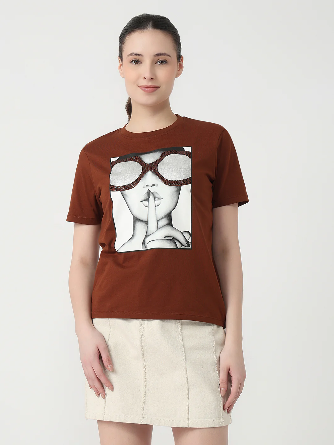 Women Sepia Slim Fit Graphic T-Shirt - Image 2