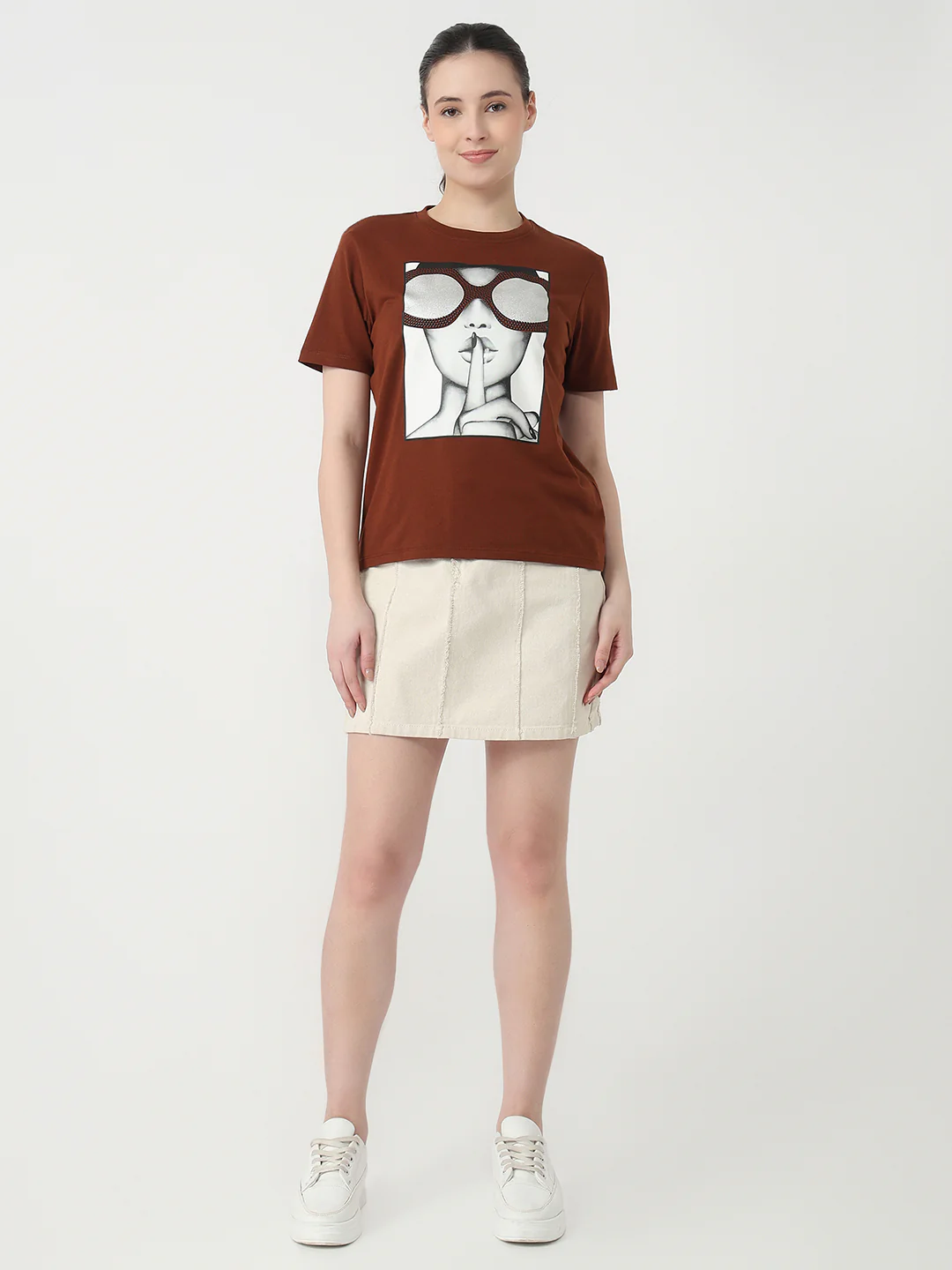 Women Sepia Slim Fit Graphic T-Shirt - Image 4