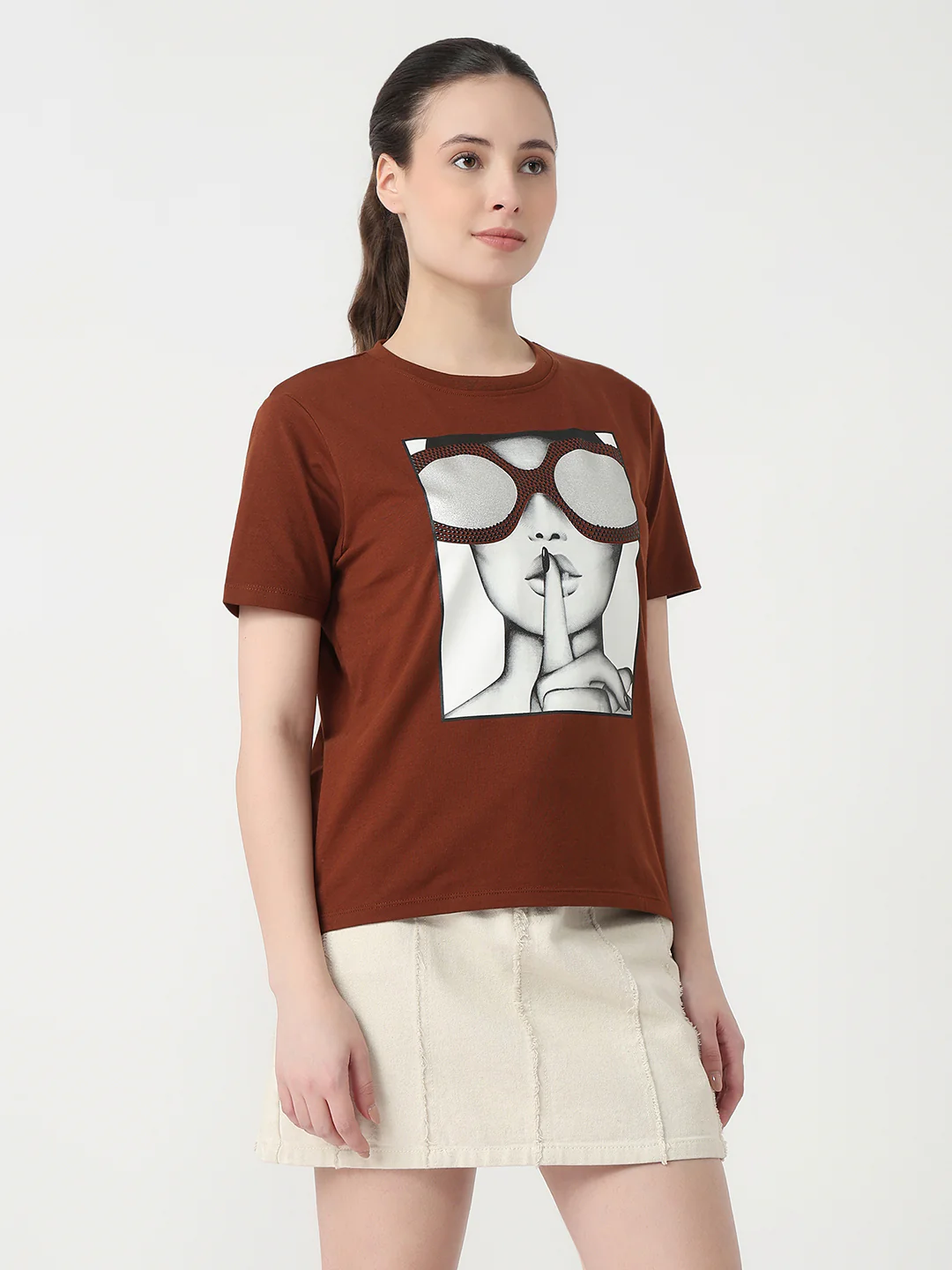 Women Sepia Slim Fit Graphic T-Shirt - Image 5