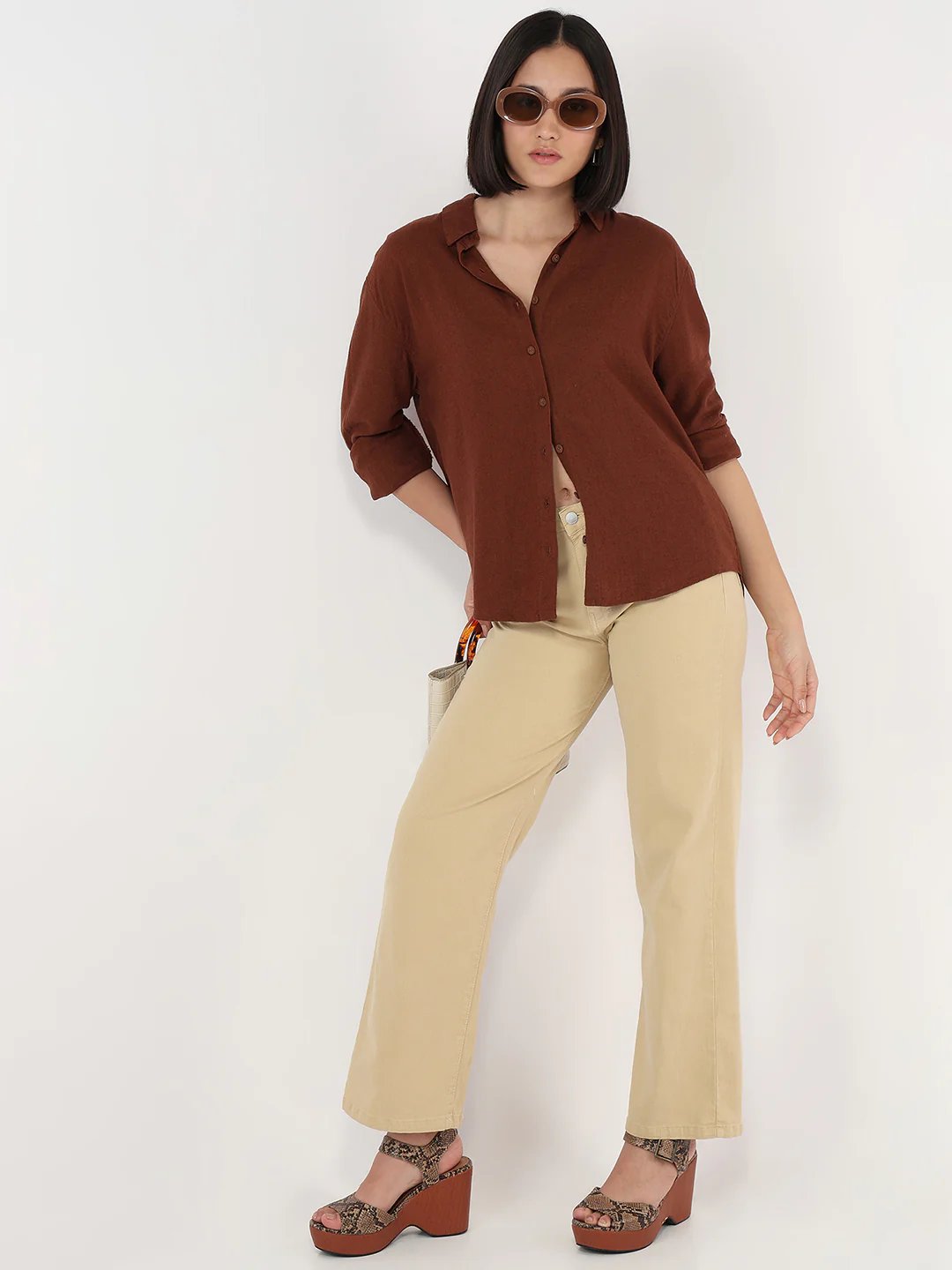 Women Sepia Slim Fit Oversized Shirt