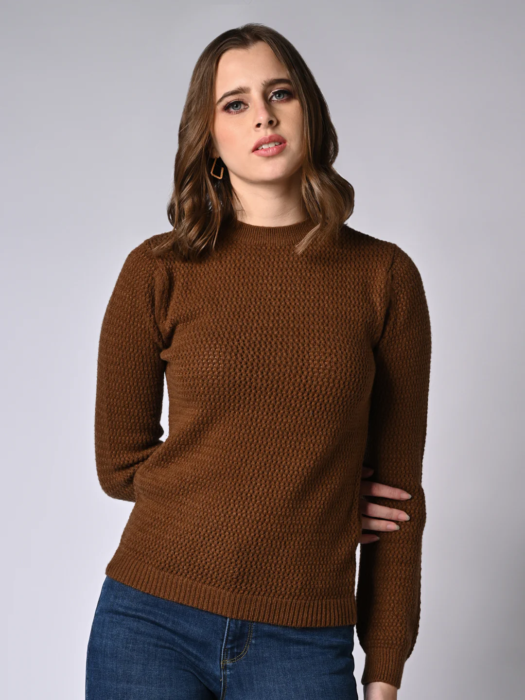Women Sepia Slim Fit Sweater - Image 2