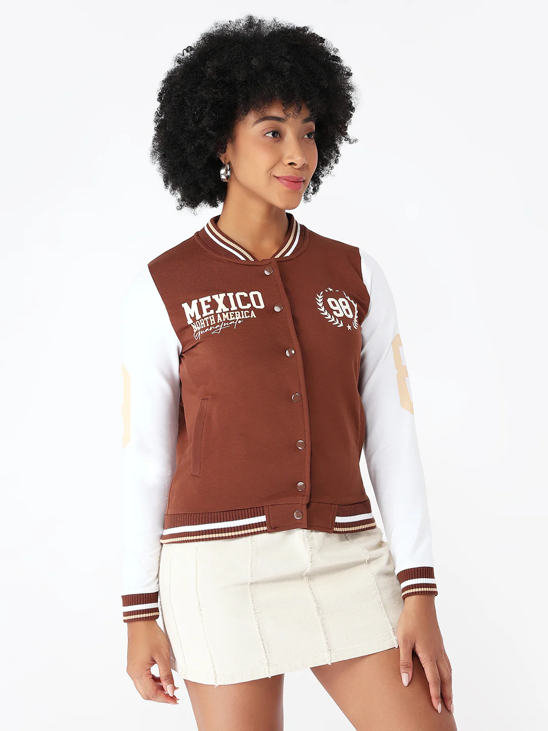 Women Sepia/White Varsity Jacket - Image 5