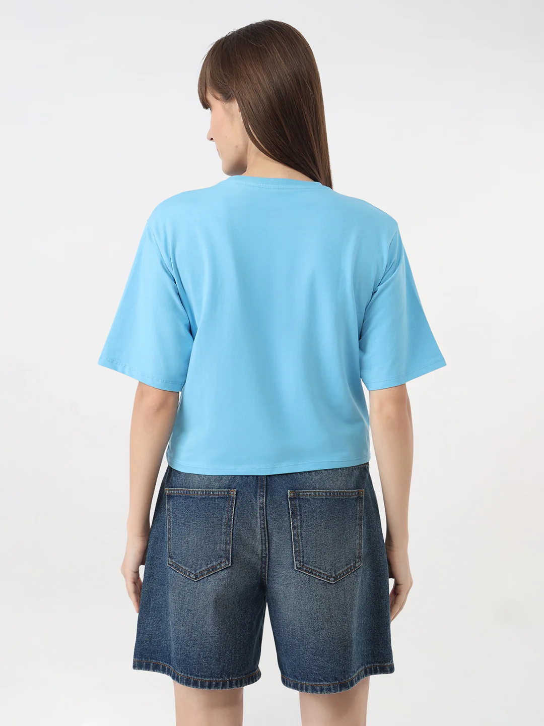 Women Sky Blue Graphic Crop Tees - Image 3