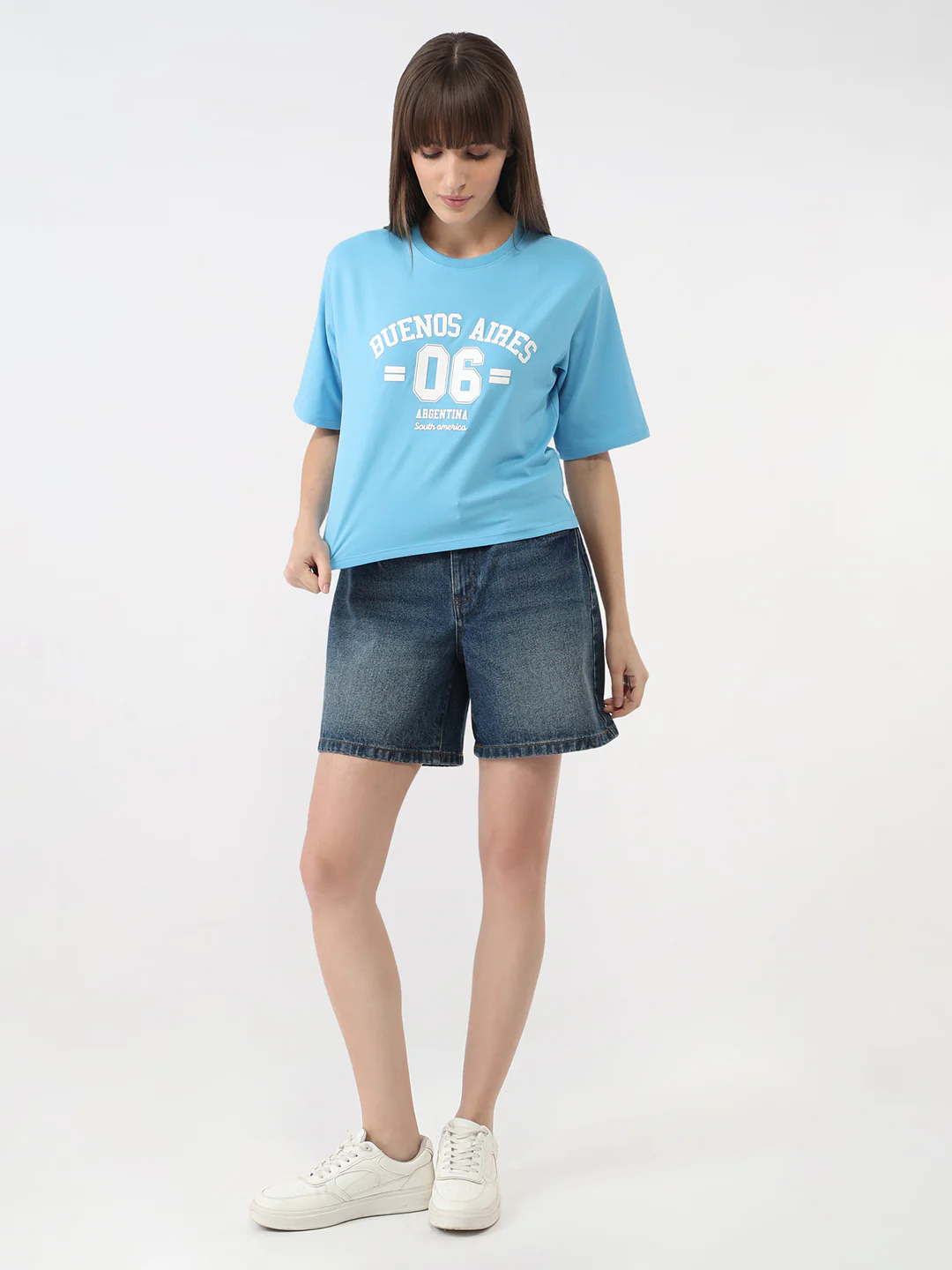 Women Sky Blue Graphic Crop Tees - Image 4