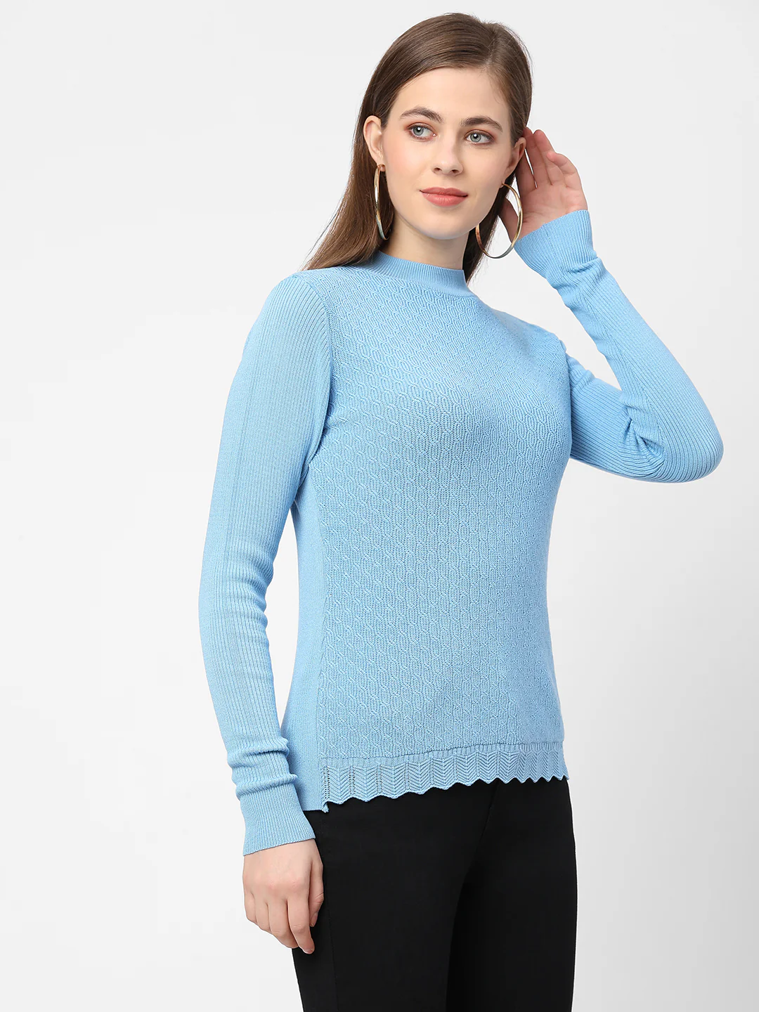 Women Sky Blue Slim Sweater - Image 4