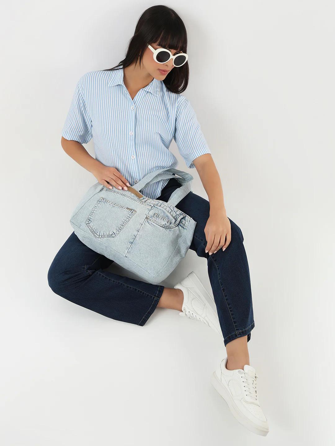 Women Sky/White Crop Stripe Shirt