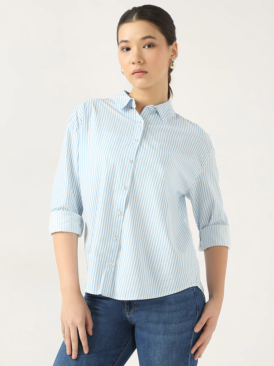 Women Sky/White Oversize Stripe Shirt - Image 2