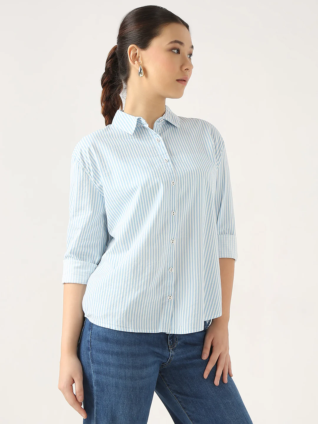 Women Sky/White Oversize Stripe Shirt - Image 4