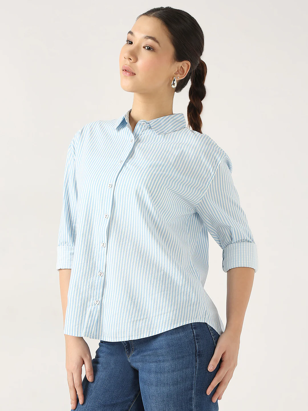 Women Sky/White Oversize Stripe Shirt - Image 6