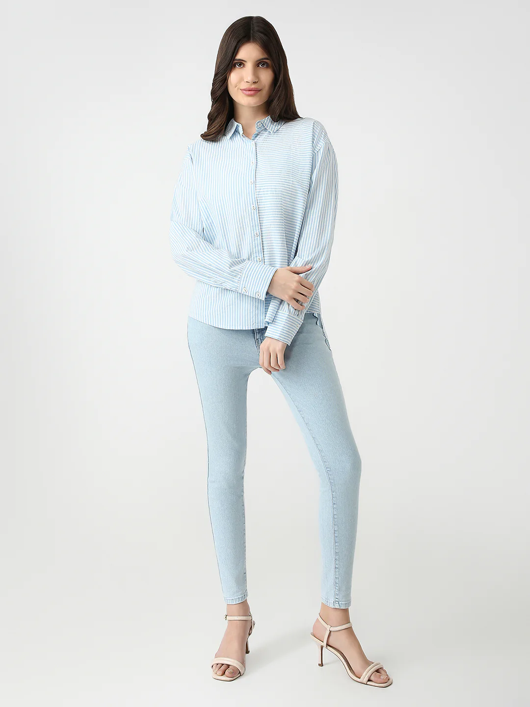 Women Sky/White Oversize Stripe Shirt