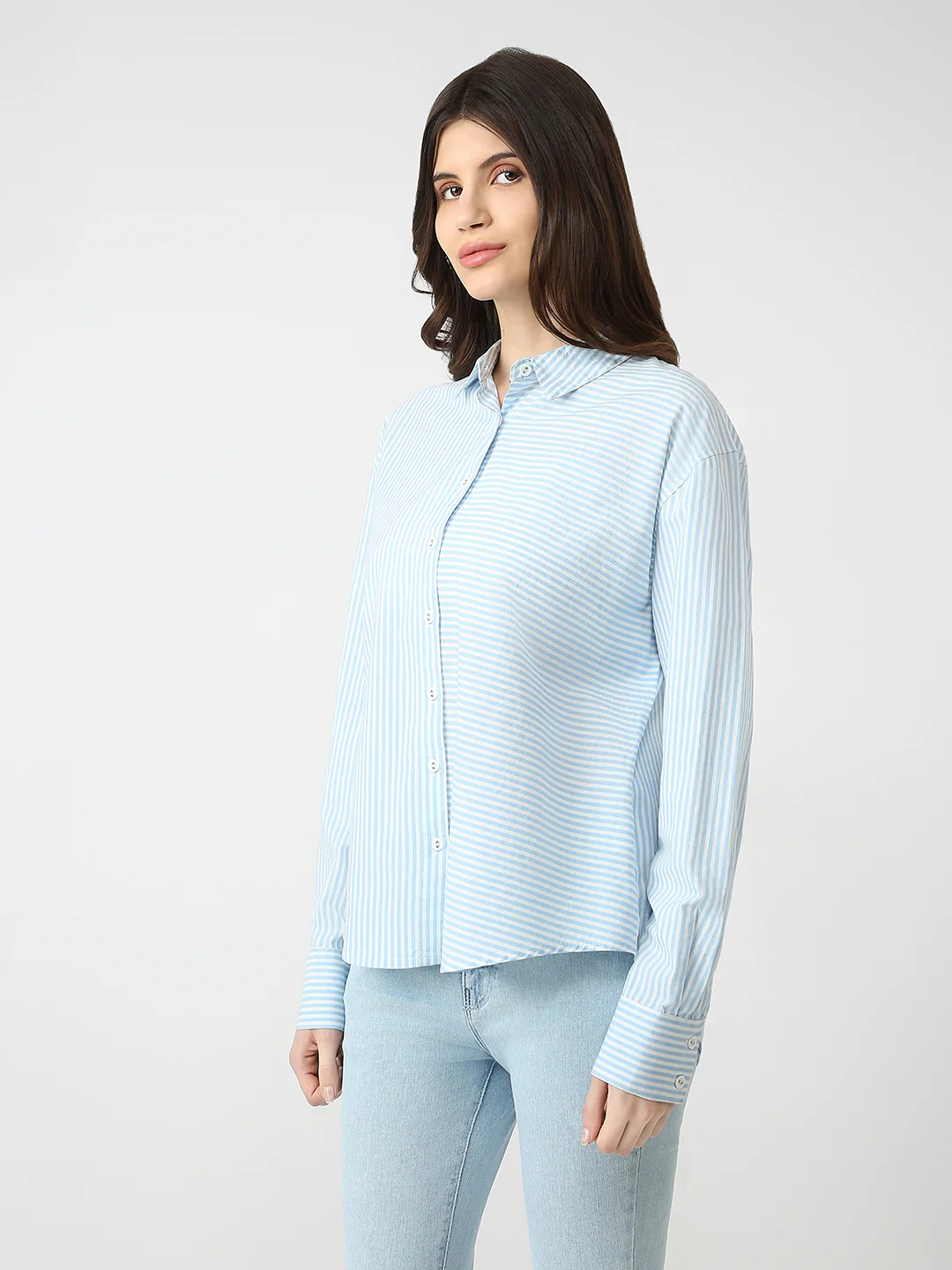 Women Sky/White Oversize Stripe Shirt - Image 7