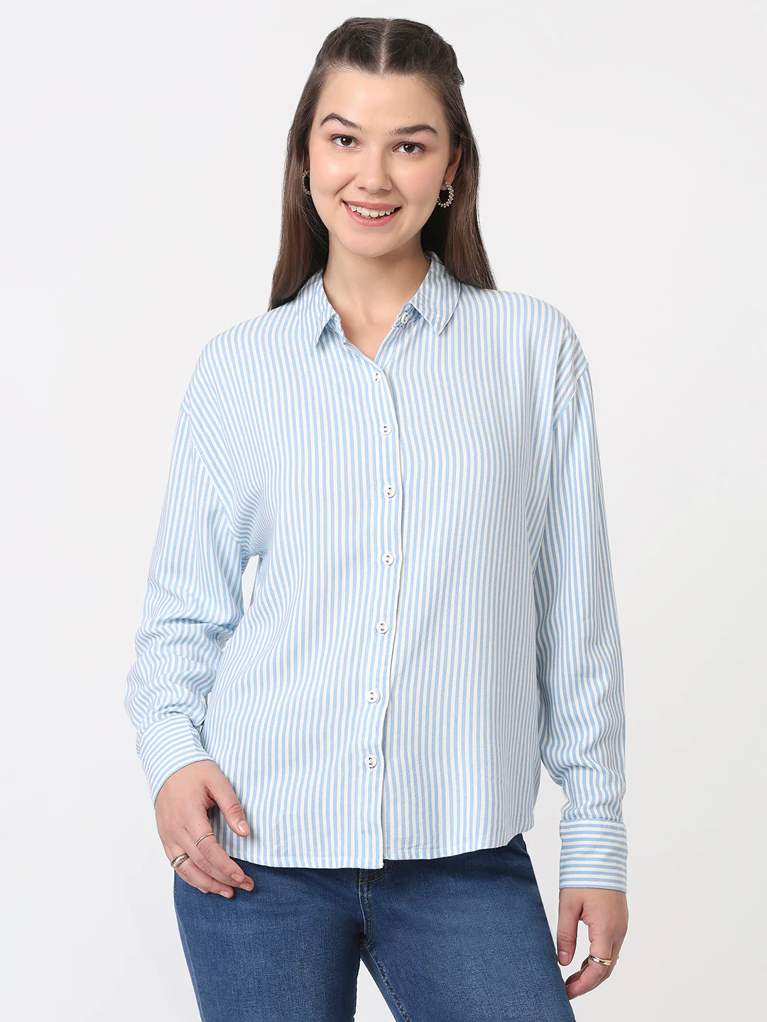 Women Sky/White Oversized Shirt - Image 2