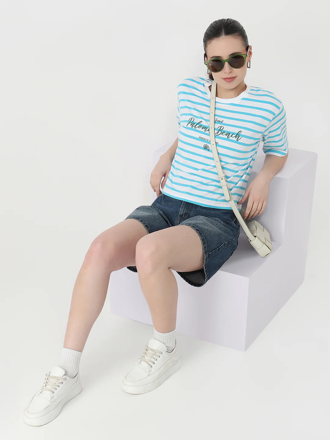 Women Sky/White Slim Fit Graphic Crop Tees