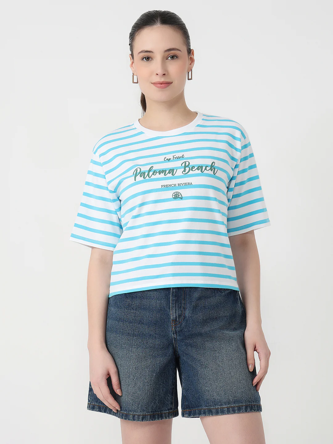 Women Sky/White Slim Fit Graphic Crop Tees - Image 2