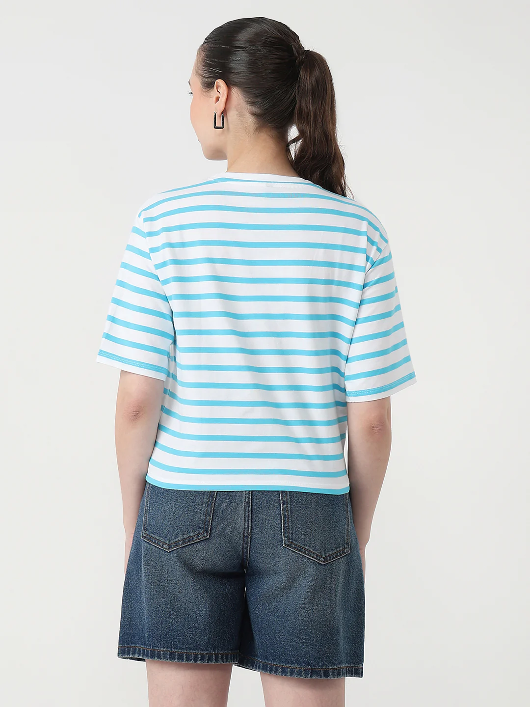 Women Sky/White Slim Fit Graphic Crop Tees - Image 3