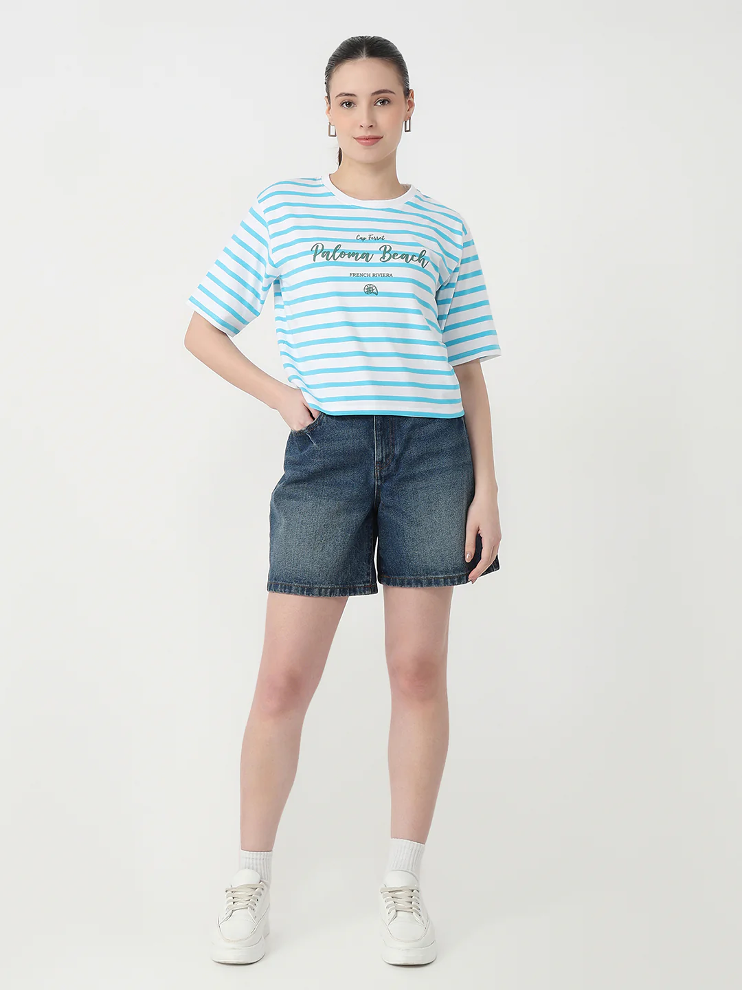 Women Sky/White Slim Fit Graphic Crop Tees - Image 4