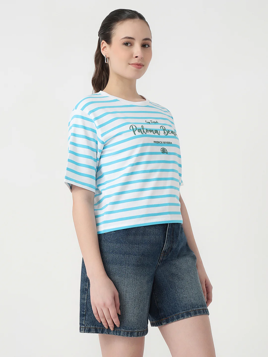 Women Sky/White Slim Fit Graphic Crop Tees - Image 5