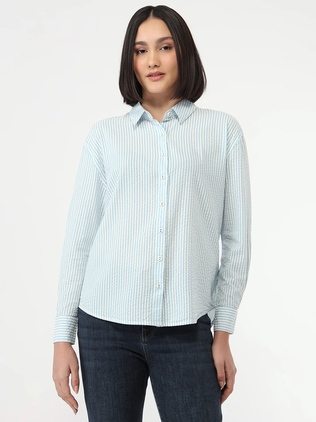 Women Sky/White Slim Fit Oversized Shirt